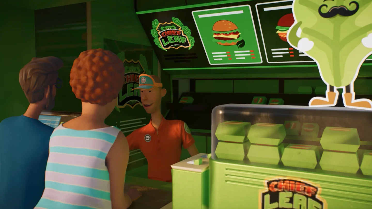 A vendor serving guests at a food counter