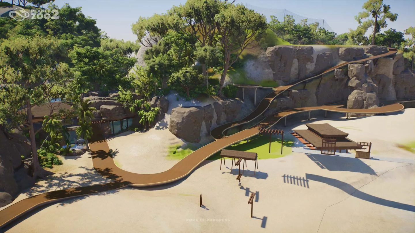 A rough zoo layout with curved paths, habitats, and a visitor plaza