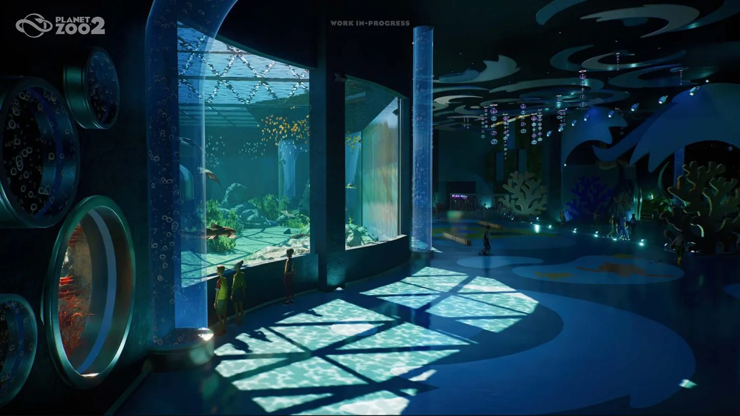 Indoor aquarium viewing space with large underwater windows