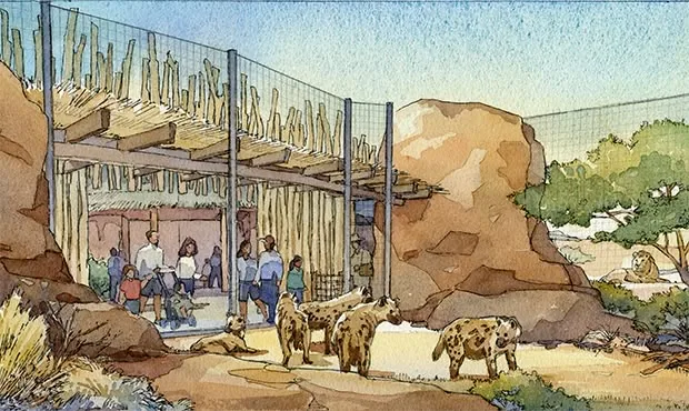 Watercolour zoo concept with a viewing shelter, rockwork and spotted animals