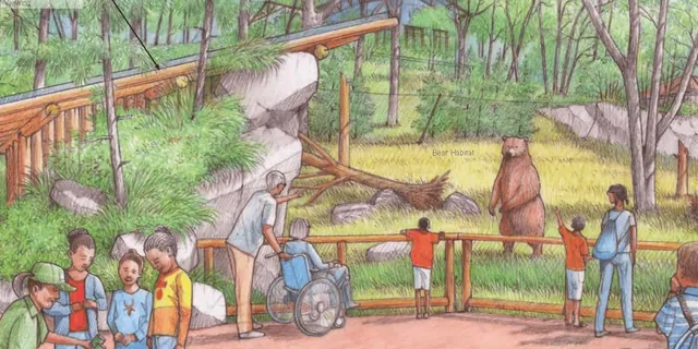 Watercolour concept of a forest bear habitat with timber barriers and visitors
