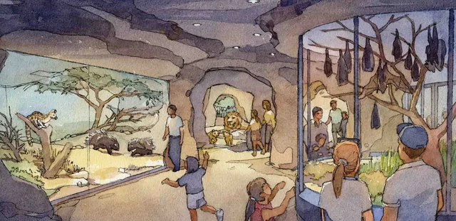 Watercolour concept of visitors observing animals through an indoor viewing window