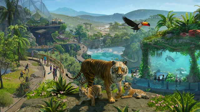 A painted Planet Zoo 2 promotional scene with a tiger family, a toucan and a zoo aquarium