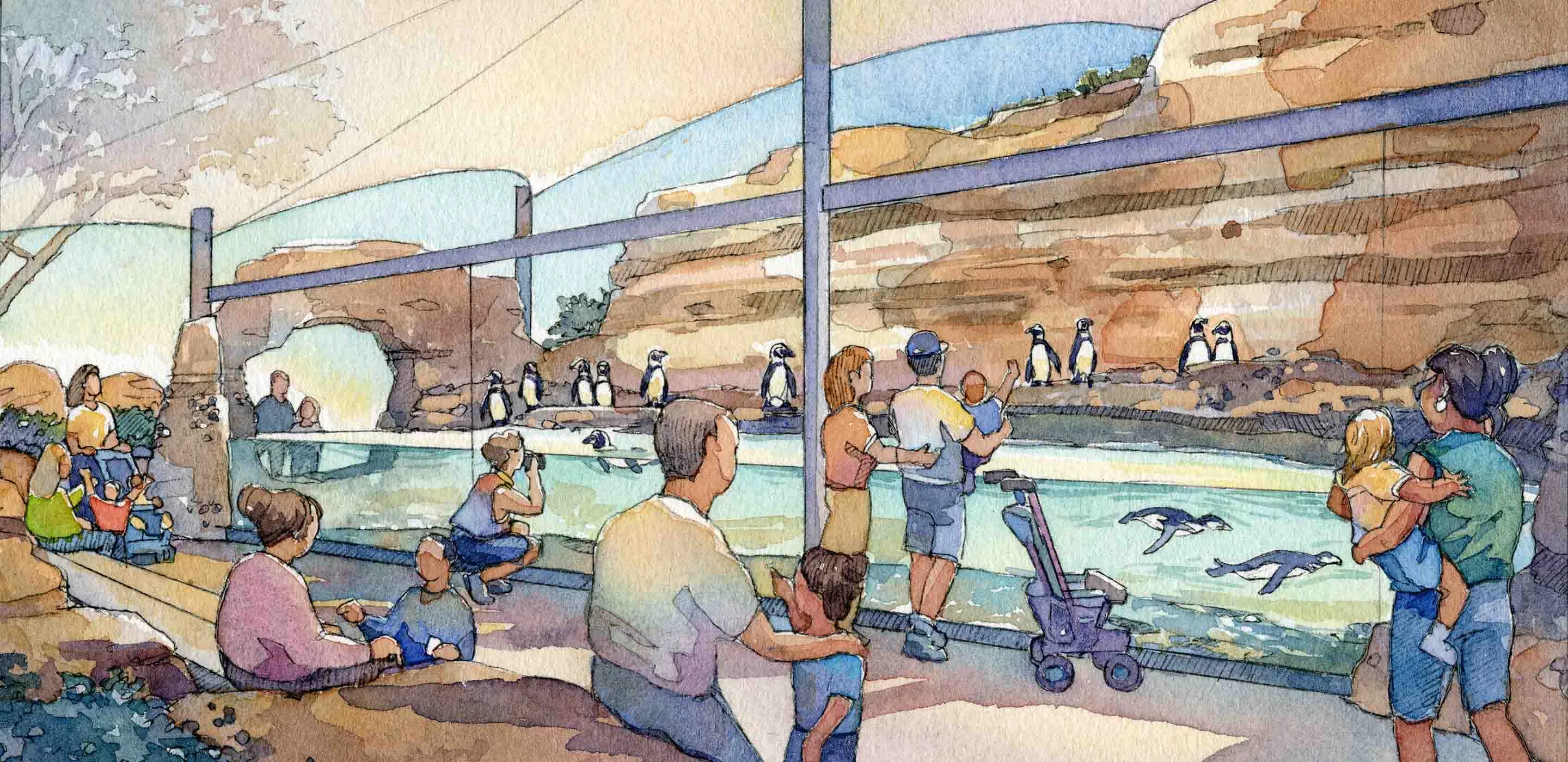 Watercolour concept of an aquatic animal viewing area with penguins and visitors