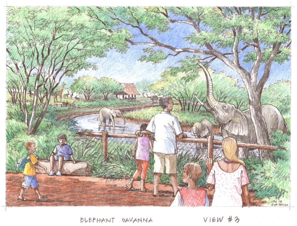 Watercolour concept of an elephant habitat with trees, water and guest viewing