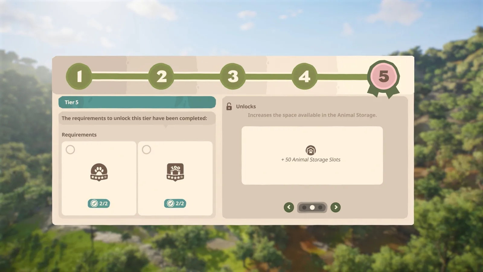 Accreditation panel showing separate tier requirements and unlocks in Planet Zoo 2