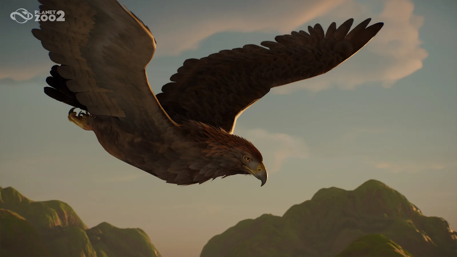 Golden Eagle flying over rocky terrain in Planet Zoo 2