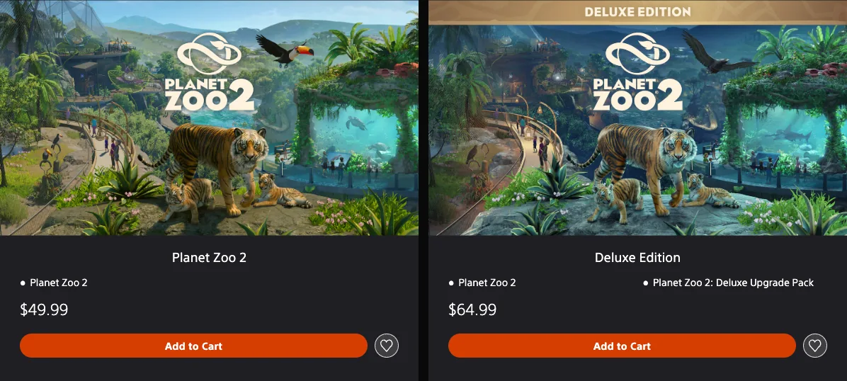 Planet Zoo 2 Standard and Deluxe PS5 editions with US prices and included items