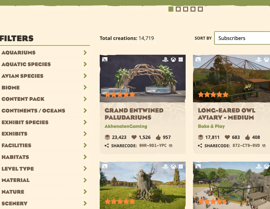 Planet Zoo 2 creation browser with category filters, blueprint previews and platform icons