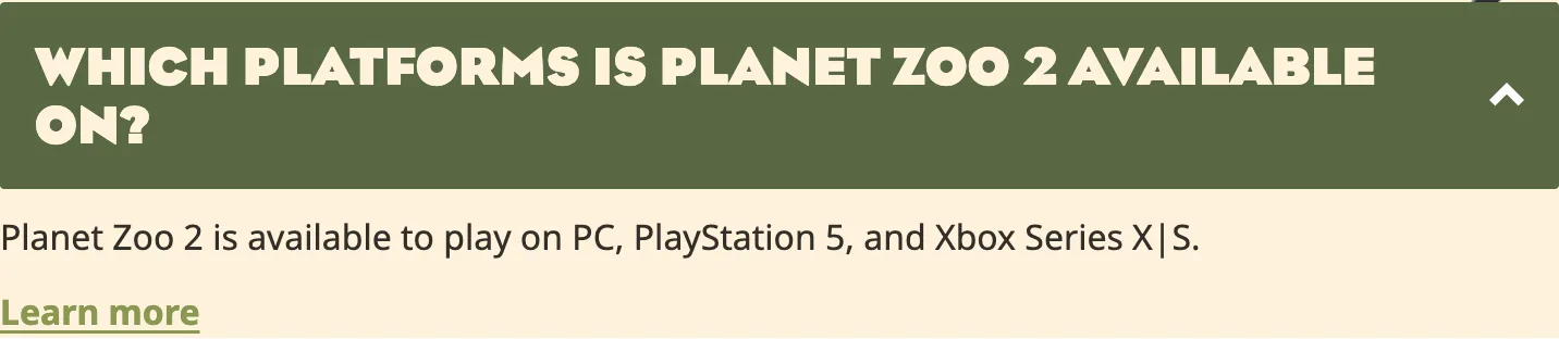 Planet Zoo 2 support panel listing PC, PlayStation 5 and Xbox Series X|S