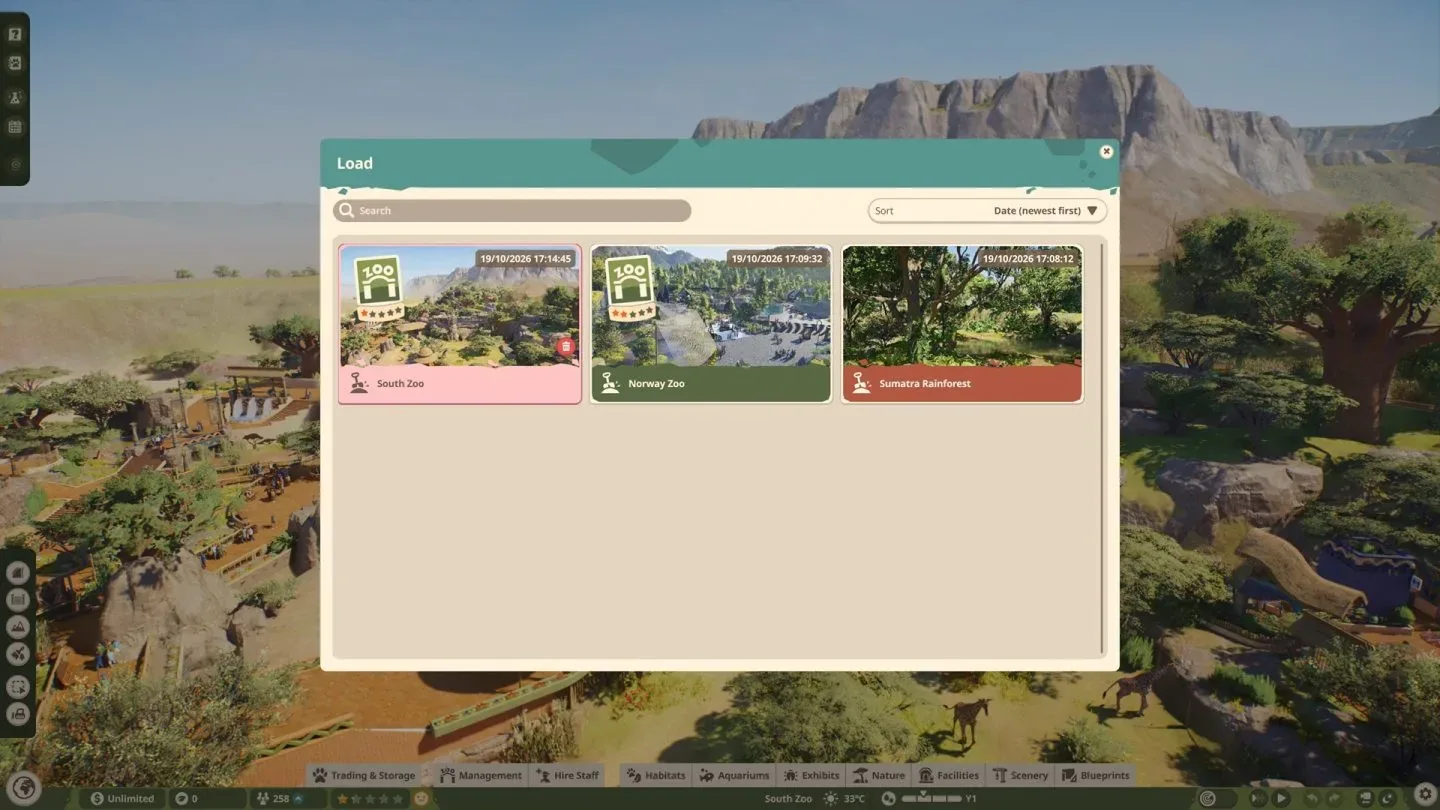 Planet Zoo 2 Load window with saved zoo cards and their timestamps