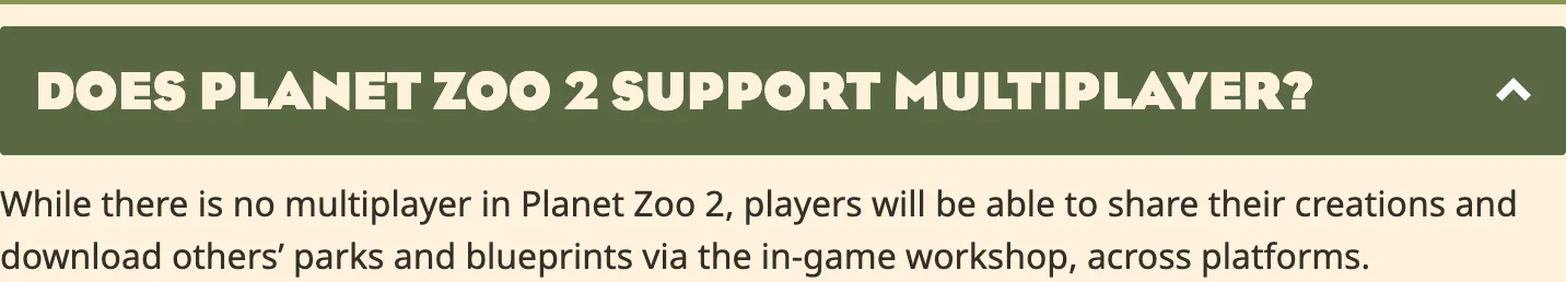 Official FAQ confirming no multiplayer and cross-platform sharing of parks and blueprints