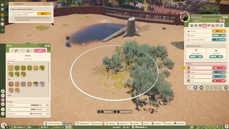 Terrain paint tools beside an aardvark’s environment requirements in Planet Zoo 2