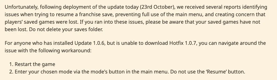 Official 1.0.7 notice explaining the saved-game warning and the mode-button workaround