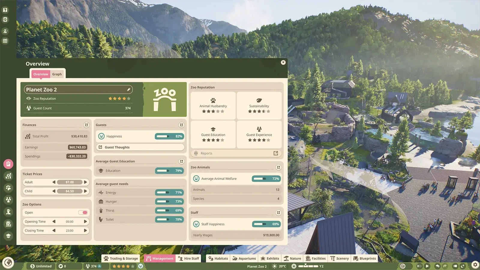 Zoo Management Overview showing Sustainability beside the other Zoo Reputation categories